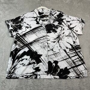 Jams World Caprice Shirt Women XL Black White Floral Abstract Rayon Button Up